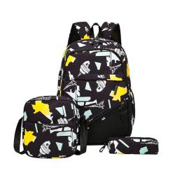 Mateju Schulrucksack, Rucksack Damen Herren, Schulrucksack Teenager, Leichtgewicht 3 Stück Rucksack Kinder, Graffiti-Druck Schulrucksack-Set mit Lunchtasche Federmäppchen (Schwarz) von Mateju