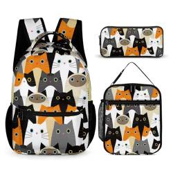 Mateju Schulrucksack, Rucksack Damen Herren, Tiermuster Schulrucksack Teenager, Rucksack Kinder, Leichtgewicht Schulrucksack-Set 3 Stück mit Lunchtasche Federmäppchen (Katze) von Mateju