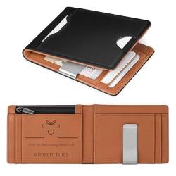 Maverton Slim Wallet mit Münzfach - Schwarze Geldbörse Herren aus Rindsleder mit braunem Inneren - personalisierte Geschenke für ihn - Geschenke für Männer zum Geburtstag von Maverton