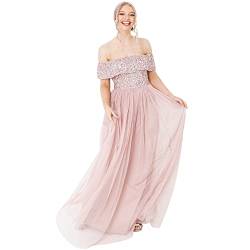 Maya Deluxe Damen Maya Deluxe Women's Bardot for Women Maxi Embellished Hight Empire Waist Sleveless Tulle W Bridesmaid Dress, Frosted Pink, 52 EU von Maya Deluxe