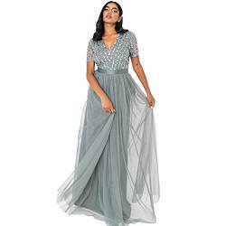 Maya Deluxe Damen Misty Groene korte mouwen Streep Maxi Jurk Bridesmaid Dress, Misty Green, 40 EU von Maya Deluxe