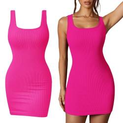 Damen Geripptkleider Ärmellos Quadratischer Ausschnitt Tank Tops Kurzes Minikleid Bodycon Partykleid Slim Fit Cocktailkleid Night Club Rock(Heißes Rosa,M) von Mayround