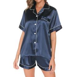 Mchodare Satin Pyjama Damen Kurz,Schlafanzug mit Knopf Frauen Seide,Sommer Nachtwäsche V-Ausschnitt Zweiteiliger Pyjama Sets Hausanzug von Mchodare