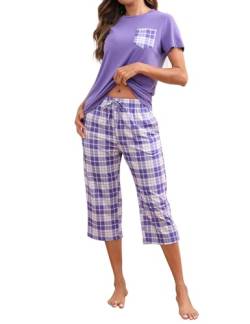 Mchodare Schlafanzug Damen,Pyjama Set Sommer Damen, Kurzarm-Top+3/4 Checkered Hose mit Bund,Baumwolle,S--XXL von Mchodare