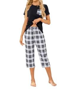 Mchodare Schlafanzug Damen,Pyjama Set Sommer Damen, Kurzarm-Top+3/4 Checkered Hose mit Bund,Baumwolle,S-XXL von Mchodare