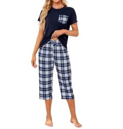 Mchodare Schlafanzug Damen,Pyjama Set Sommer Damen, Kurzarm-Top+3/4 Checkered Hose mit Bund,Baumwolle,S-XXL von Mchodare