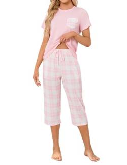 Mchodare Schlafanzug Damen,Pyjama Set Sommer Damen,Zweiteiliges, Kurz-Kurzarm-Top+3/4 Checkered Hose mit Bund,Baumwolle, Rosa XXL von Mchodare