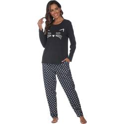 Damen Nachthemd Katzen,Damen Langarm Nachtwäsche Zweiteiliger Schlafanzug für Frauen Pyjama Lounge Set. von Mchodare