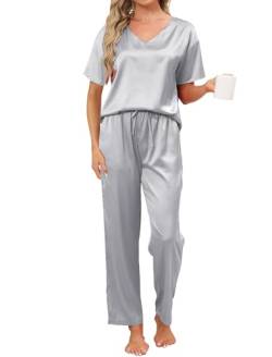 Mchodare Schlafanzug Damen Pyjama Set,Damen Pyjama Set Satin Schlafanzug,Zweiteiliger Kurzarm Lange Hose Hausanzug,Hellgrau S von Mchodare