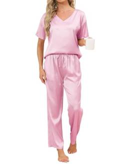 Mchodare Schlafanzug Damen Pyjama Set,Damen Pyjama Set Satin Schlafanzug,Zweiteiliger Kurzarm Lange Hose Hausanzug,Rosa M von Mchodare