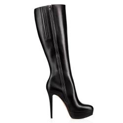 Mdrcg Kniehohe Stiletto-Schuhe für Damen mit spitzer Zehenpartie und seitlichem Reißverschluss, wadenlange Stiefel mit wasserdichter, einfarbiger Lederstiefelette,Schwarz,34 EU von Mdrcg