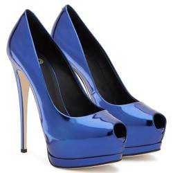 Mdrcg Sexy Open Toe Plattform Frauen High Heels Super Hohe Lackleder High Heels Schuhe Hochzeit Stilettos,Blau,42 EU von Mdrcg