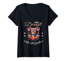 Damen Blumen Goldener Hirsch Damen Trachtenshirt Rehkitz Trachten T-Shirt mit V-Ausschnitt von Mei Dirndl hob i ned g`fundn Trachtenbluse Damen