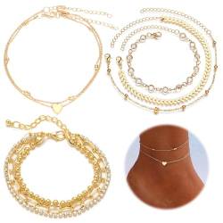 Meifiyu 3 Stück Fussketten für Frauen Gold,Fußkettchen für Damen, Modischer Mehrschichtiger Fußkettchen, Wasserdichter Verstellbarer Fußschmuck für Damen Boho Fußkette,Geeignet für Frauen und Mädchen von Meifiyu