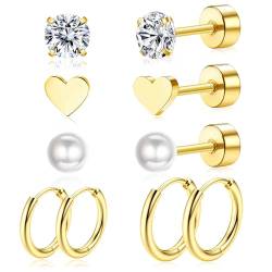 Titan Ohrringe Damen,5 Paar Titan Ohrringe,Ohrringe Titan,Ohrstecker Titan,Ohrringsatz Aus Titanlegierung,Creolen Klein,Herzförmige Perlenohrringe,Hypoallergenes Schlafohrring Set,Gold von Meifiyu