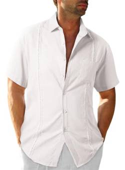 Meilicloth Leinenhemd Herren Hemd Kurzarm Hawaiihemd Guayabera Shirt Männer Freizeithemd Kurz Sommerhemd Casual Beach Shirts Weiß von Meilicloth