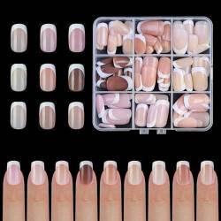 Meiliyizu Weiße French Tip Press on Nails Mandelform Fake Nails Full Glosses Nude Falsche Nägel Acryl Nägel Kleber von Meiliyizu