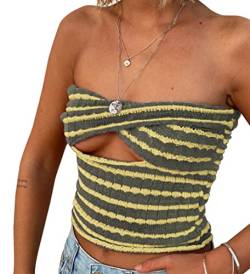 Meladyan Damen Y2K Twist Front Gestreiftes Cutout Gestricktes Crop Tube Top Bandage Trägerloses ärmelloses Bandeau-Shirt, Armee-Grün / Gelb, Groß von Meladyan