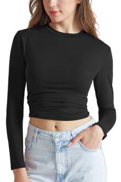 Memoryee Damen Langarm T-Shirt mit Rundhalsausschnitt Slim Fit Gebogene Ebenen Crop Tops Weich Grundlegende Bluse Tee Cloud Pro Kollektion/Black/M von Memoryee