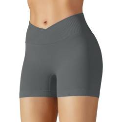 Memoryee Sport Shorts Damen Sommer Booty Scrunch V Cross Shape Seamless High Waist Butt Lift Kurz Sporthose Leggings Laufen Schwimmen Radfahren Workout Yoga Gym Dunkelgrau S von Memoryee