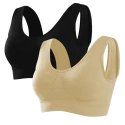 Memoryee Sport BH Damen Große Brüste Starker Halt Push Up Ohne Bügel 2er Pack Set Gepolstert Joggen Yoga Laufen Reiten Bra Crop Top Schwarz+Beige 4XL von Memoryee