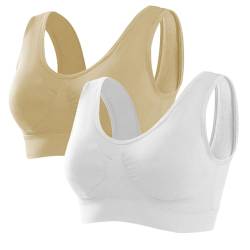 Memoryee Sport BH Damen Große Brüste Starker Halt Push Up Ohne Bügel 2er Pack Set Gepolstert Joggen Yoga Laufen Reiten Bra Crop Top Weiß+Beige XXL von Memoryee