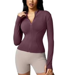 Memoryee Sportshirt Damen Langarm Gym Sport Top Oberteile Activewear Fitness Yoga Trainingsjacke Laufshirt Enge Sportjacke mit Reißverschluss und Daumenloch B-Lila1 M von Memoryee