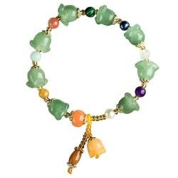 Mengsiy Natürliches Jade-Armband für Damen, handgefertigt, elastisches Armband, Glücksbringer, grüne Orchideenperlen, Heilstein mit Lotus-Anhänger von Mengsiy