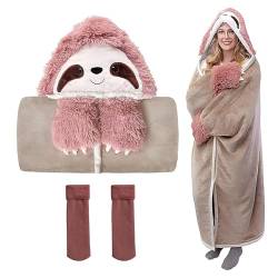 Menore Faultier Kuscheldecke Faultier Geschenk, Warm Flanell Tragbare Decke mit Kapuze und Pfoten Handschuhen, Flauschige grobstricke Decke, fluffy blanket hoodie decke, Herbst Winter Sofadecke von Menore