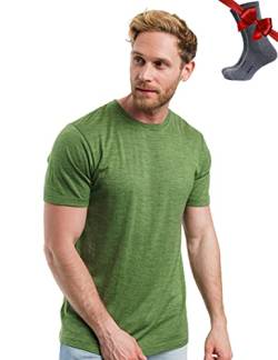 Merino.tech Merinowolle T-Shirt Herren - 100% Bio-Merinowolle Unterhemd Leichte Basisschicht + Wanderwollsocken (Olive Grove, Medium) von Merino.tech