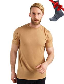 Premium Merino Shirt Herren Kurzarm - Atmungsaktiv 100% Merinowolle Tshirt Herren + Wanderwollsocken (Medium, Sand) von Merino.tech