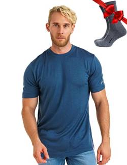 Premium Merino Shirt Herren Kurzarm - Atmungsaktiv 100% Merinowolle Tshirt Herren + Wanderwollsocken (X-Large, Denim) von Merino.tech