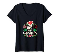 Damen Ho Ho Ho - Weihnachtsbaum - Schneemann - Rentier - Nikolausmütze T-Shirt mit V-Ausschnitt von Merry Christmas - Ho Ho Ho