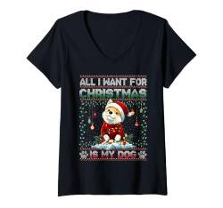 Damen Akita Christmas Tree Lights Decorations Dog Lover Xmas T-Shirt mit V-Ausschnitt von Merry Christmas Ugly Sweater Men Women Kids Pajama