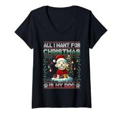 Damen Maltese Christmas Tree Lights Decorations Dog Lover Xmas T-Shirt mit V-Ausschnitt von Merry Christmas Ugly Sweater Men Women Kids Pajama