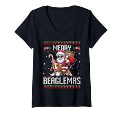 Damen Frohe Beaglemas Weihnachtsmann reitet Beagle Ugly Christmas T-Shirt mit V-Ausschnitt von Merry Dogmas Dog Lovers Xmas Party