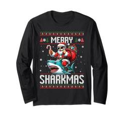 Merry Sharkmas Weihnachtsmann reitender Hai hässliche Weihnachten Xmas Party Langarmshirt von Merry Sharkmas Shark Lovers Xmas Party