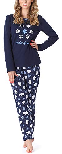 Merry Style Damen Lang Zweiteiliger Schlafanzug aus Baumwolle Pyjama Set Winter MS10-169 (Dunkelblau Bär, M) von Merry Style