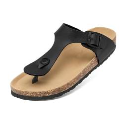 Mesing Zehentrenner Pantoletten Damen mit Natur Kork Fussbett Wildleder Flip Flops Rutschfest Sommer Slip On Flach Sandalen mit Verstellbare Schnalle XZ406-Black-EU36 von Mesing