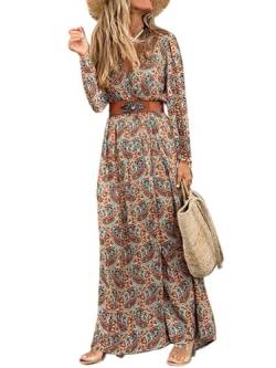 MessBebe Damen Boho Blumendruck Maxi Kleid V-Ausschnitt Kurzarm High Taille Sommerkleid mit Gürtel Braun von MessBebe