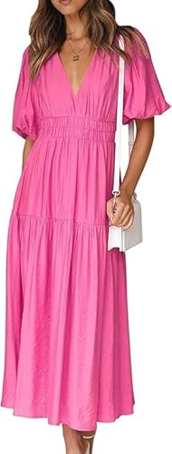 MessBebe Damen Sommerkleid Partykleid Elegant V-Ausschnitt Casual Kleider Midi Kleid Rüschen Strandkleid Cocktailkleid von MessBebe