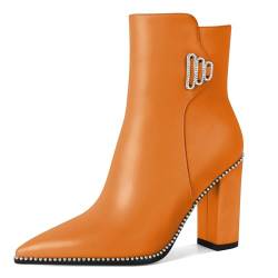 Mettesally Damen Spitz Zehe Stiefeletten High Heel Stiefel mit Seiten Reißverschluss Silber Perlen Stiefel Elegante Büro Schuhe 3.7 Inch Orange EU37 von Mettesally