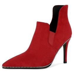 Mettesally Damen Stiefeletten mit Spitzer Zehe und Stiletto High Heel Silber Perlen Kurze Stiefel Ziehen auf Warmen Herbst Stiefel 3.7 Zoll Rot EU44 von Mettesally