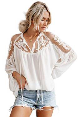 Meufam Bluse Damen Elegant Chiffon Bluse Damen Oberteile V-Ausschnitt Lose Tops Spitze Perspektive Casual Stickerei Hemd Frau Laterne Langarm Tops Spitze (Weiß, XXL) von Meufam