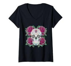 Damen Zuckerschädel mit Rosen Dia de los Muertos Tag der Toten T-Shirt mit V-Ausschnitt von Mexican Halloween Men Women Boys Girls Tees