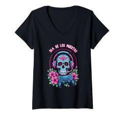 Damen Gamer Sugar Skull Dia De Los Muertos Gaming Day Of The Dead T-Shirt mit V-Ausschnitt von Mexican Halloween Party Boys Girls Men Women Tees