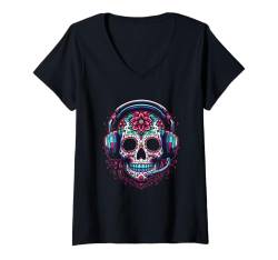 Damen Gamer Sugar Skull Dia De Los Muertos Gaming Day Of The Dead T-Shirt mit V-Ausschnitt von Mexican Halloween Party Boys Girls Men Women Tees