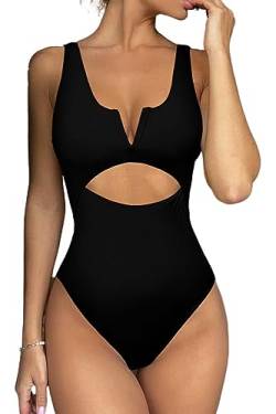 Meyeeka Damen Einteiler Badeanzüge Bauchkontrolle Badeanzüge V-Ausschnitt Bademode Hoher Schnitt Monokini, Schwarz, Large von Meyeeka