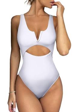 Meyeeka Damen Einteiler Badeanzüge Bauchkontrolle Badeanzüge V-Ausschnitt Bademode Hoher Schnitt Monokini, Weiss/opulenter Garten, XL von Meyeeka