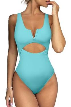 Meyeeka Einteiliger Damen-Badeanzug, Bauchkontrolle, Badeanzug für Damen, Push-Up-Bademode, V-Ausschnitt, hoch geschnitten, Monokini, Türkis/Ausflug, einfarbig (Getaway Solids), Large von Meyeeka